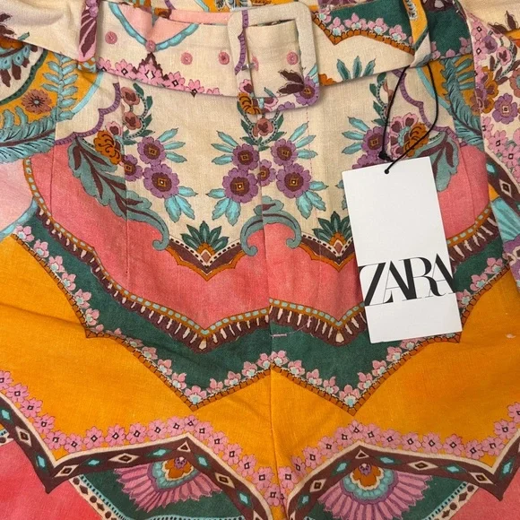 Zara NWT High Waist Floral Patterned Shorts Belted Linen Blend large - Picture 15 of 15